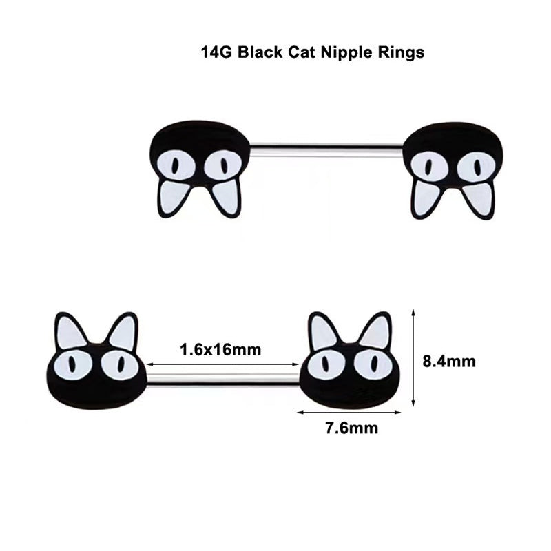 Technical dimension chart for 14G black cat nipple rings showing 1.6mm gauge and 16mm bar length.