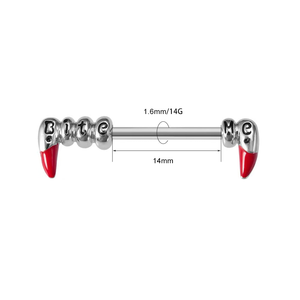 Size chart for vampire fangs nipple barbell showing 14G 1.6mm gauge thickness and 14mm length.