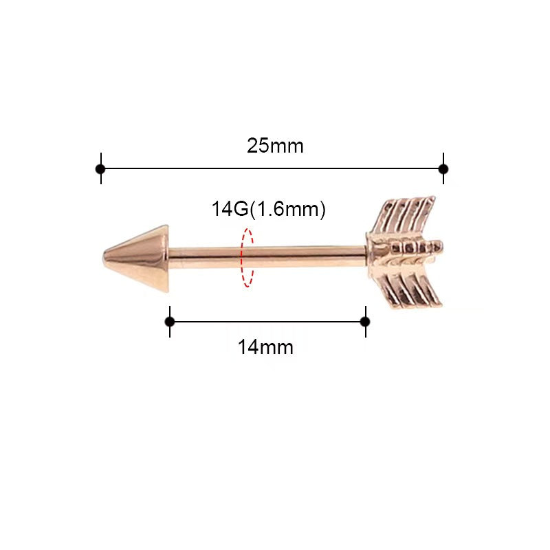 Detailed sizing diagram of a rose gold arrow nipple piercing showing 14G 1.6mm thickness, 14mm wearable bar length, and 25mm total length.