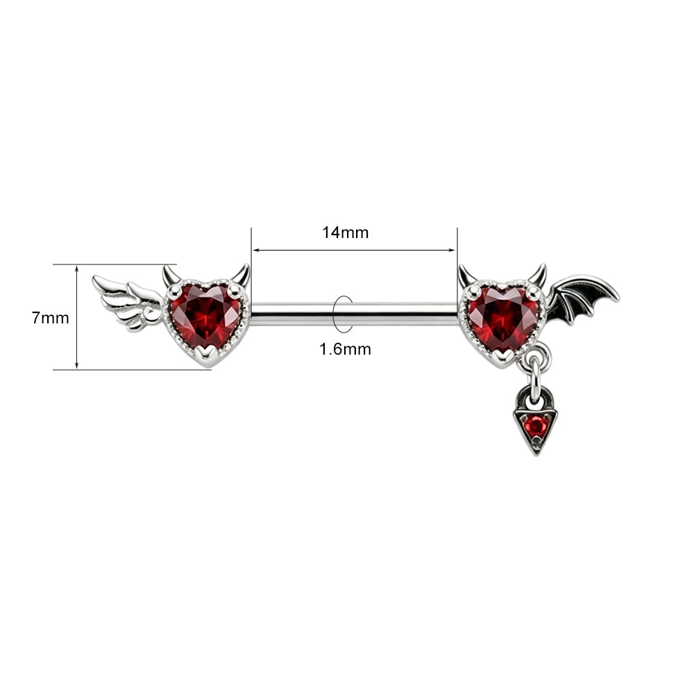 Dimensions diagram showing 1.6mm gauge, 14mm bar length, and 7mm heart charm height for nipple piercing barbell
