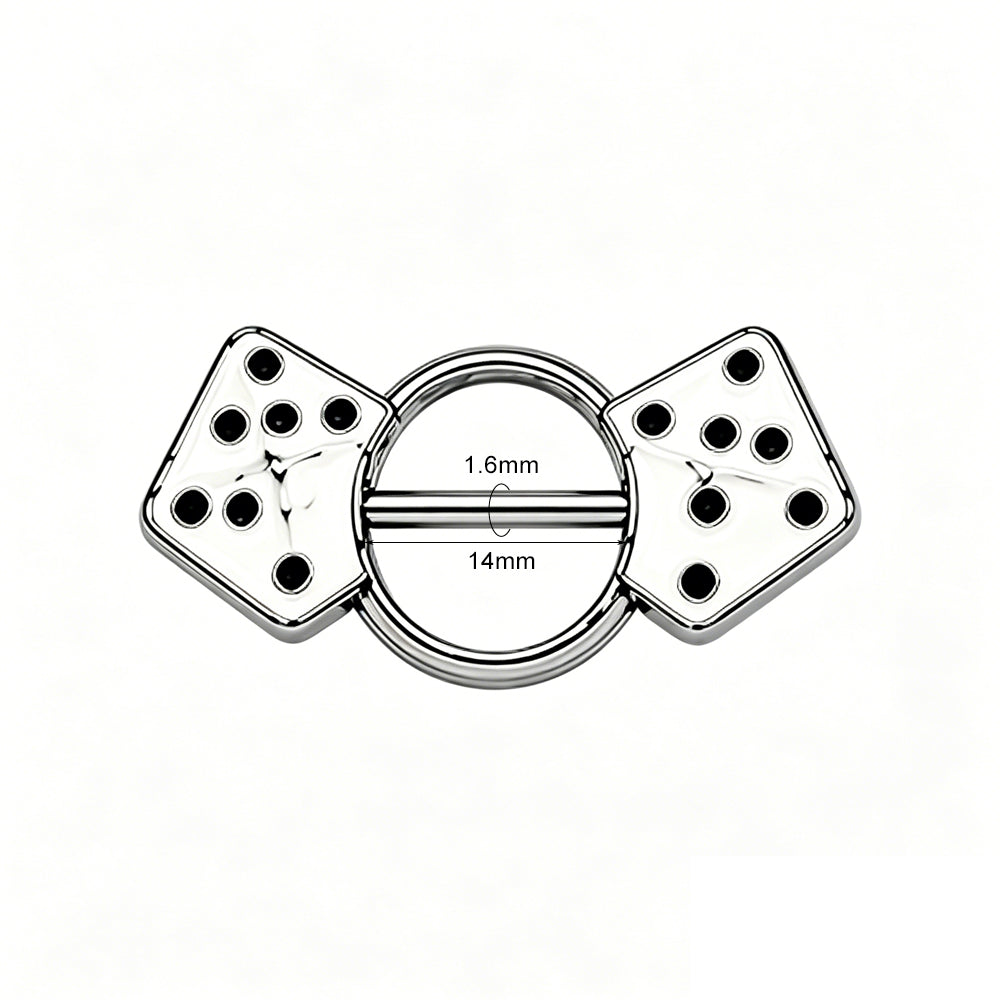 Technical size chart showing 1.6mm thickness and 14mm length for dice nipple shield.