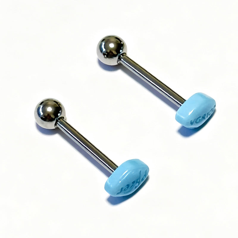 Side view of 14G 14mm straight tongue ring with blue pill decorative end.