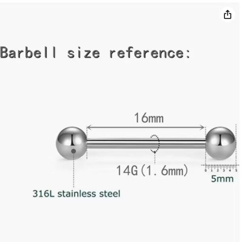 Detailed sizing chart for the piercing barbell, showing 14G 1.6mm thickness, 16mm length, and 5mm end balls for reference.