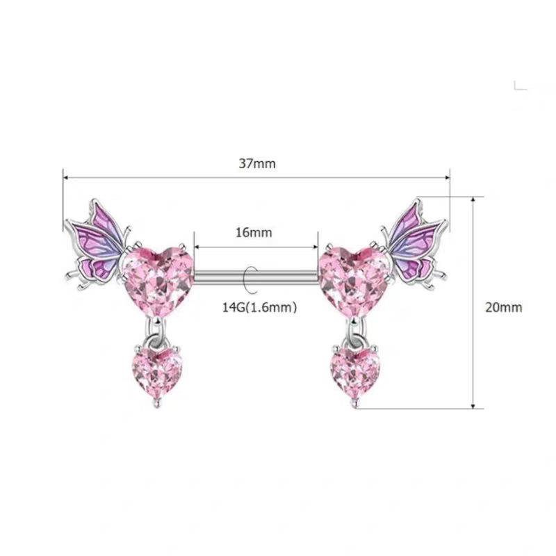 Product measurement diagram for butterfly nipple rings showing 14G 1.6mm gauge, 16mm bar length, 37mm width, and 20mm height specs.