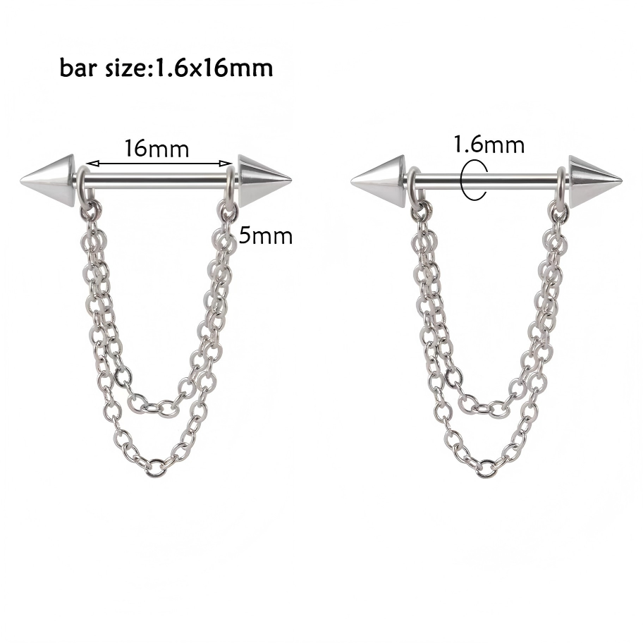 Size blueprint for body piercing nipple ring displaying 1.6mm gauge size, 16mm bar wearable length, and 5mm spike cone end dimensions.
