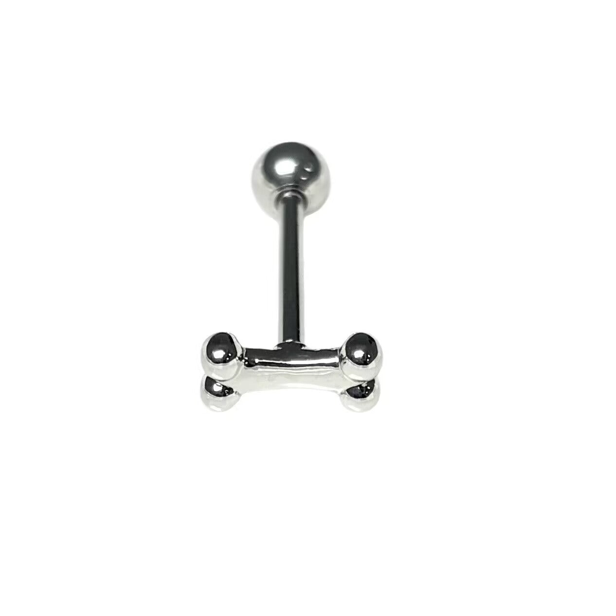Front view of a 14G 316 steel dog bone tongue stud standing vertically on white background