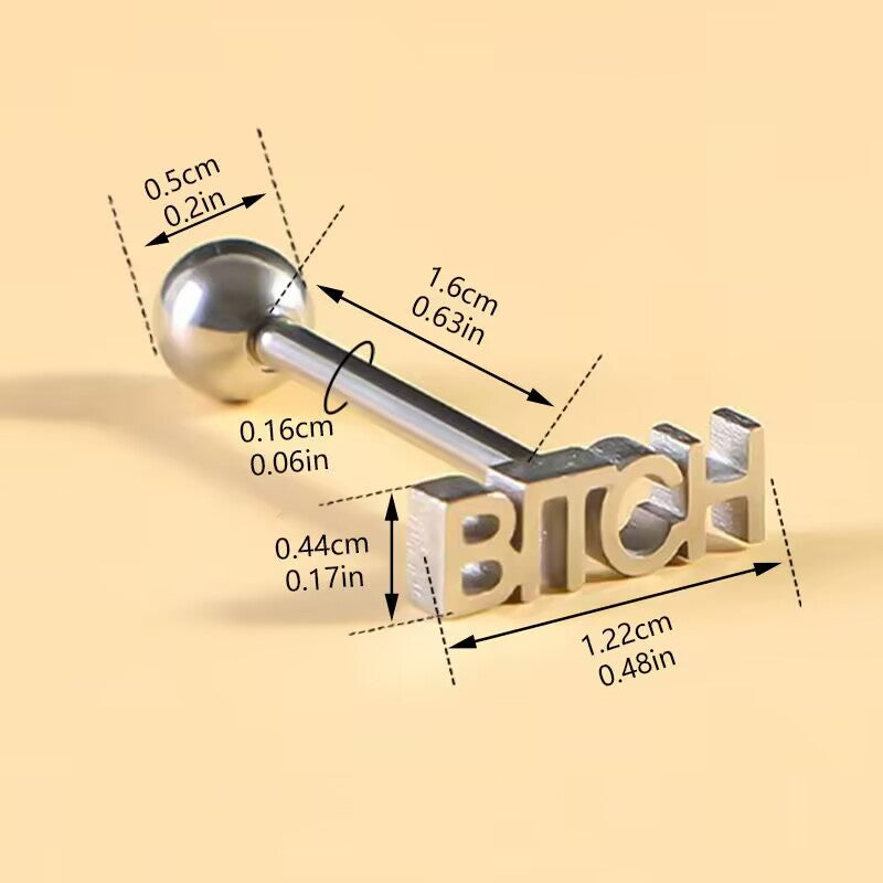 Dimension breakdown for BITCH tongue ring showing 1.6mm gauge, 16mm barbell length, and 5mm ball.