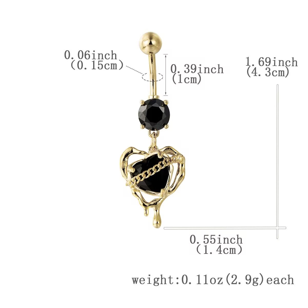 Dimension diagram showing 14G 1.5mm gauge, 10mm bar length, and 4.3cm total length for black heart belly button ring