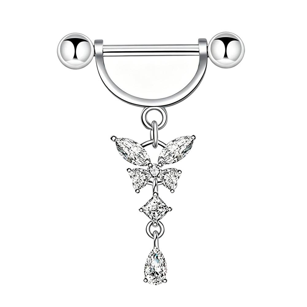 Front view of a 14G barbell nipple ring featuring a clear cubic zirconia butterfly dangle pendant with marquise and teardrop crystals.