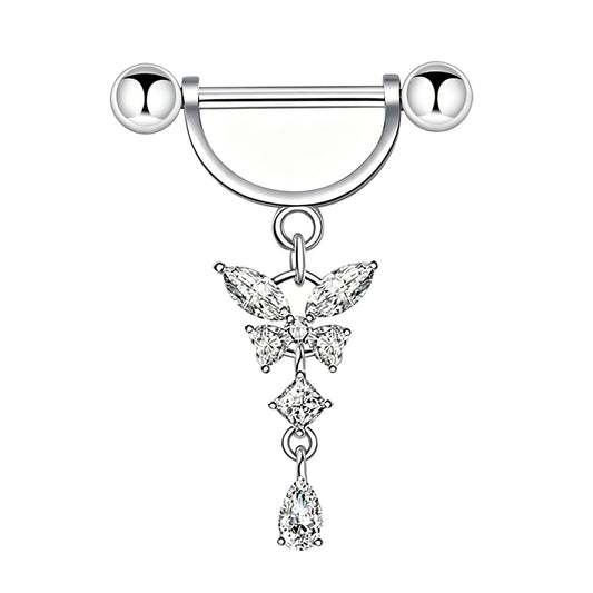 Front view of a 14G barbell nipple ring featuring a clear cubic zirconia butterfly dangle pendant with marquise and teardrop crystals.