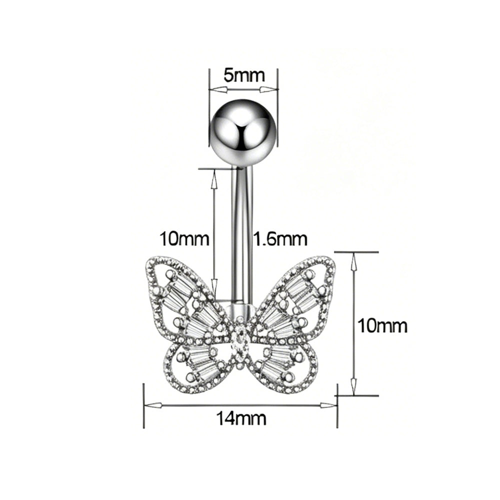 Detailed size chart of butterfly navel piercing showing 1.6mm gauge, 10mm bar length, and 14mm pendant width.
