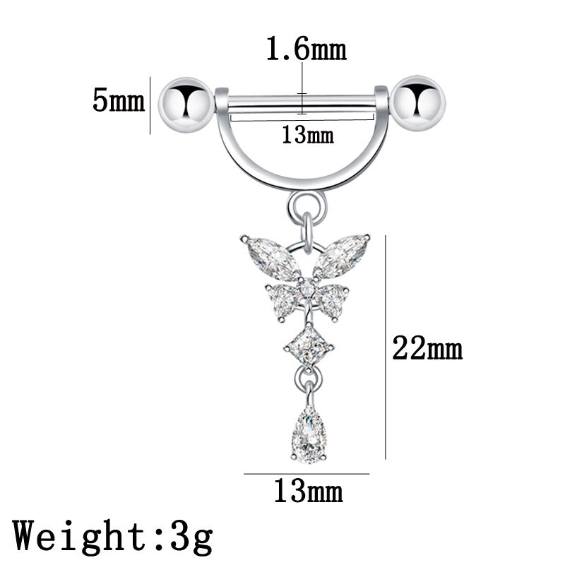 Detailed size chart for the butterfly nipple ring showing 1.6mm gauge, 13mm bar length, 5mm balls, and 22mm dangle pendant length.