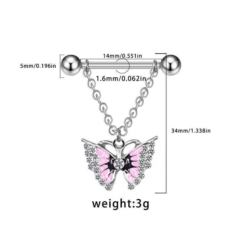 Size guide chart for butterfly nipple piercing showing 14G 1.6mm gauge, 14mm bar length, 5mm balls, and 3g weight.