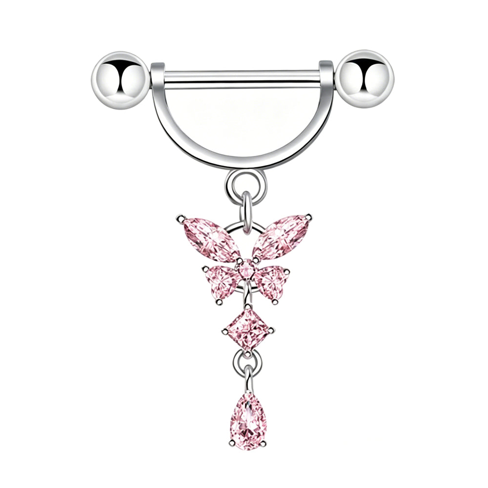 A sweet pink cz butterfly dangle nipple shield jewelry showcasing vibrant pink marquise crystals.