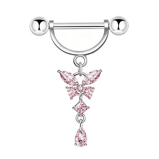 A sweet pink cz butterfly dangle nipple shield jewelry showcasing vibrant pink marquise crystals.