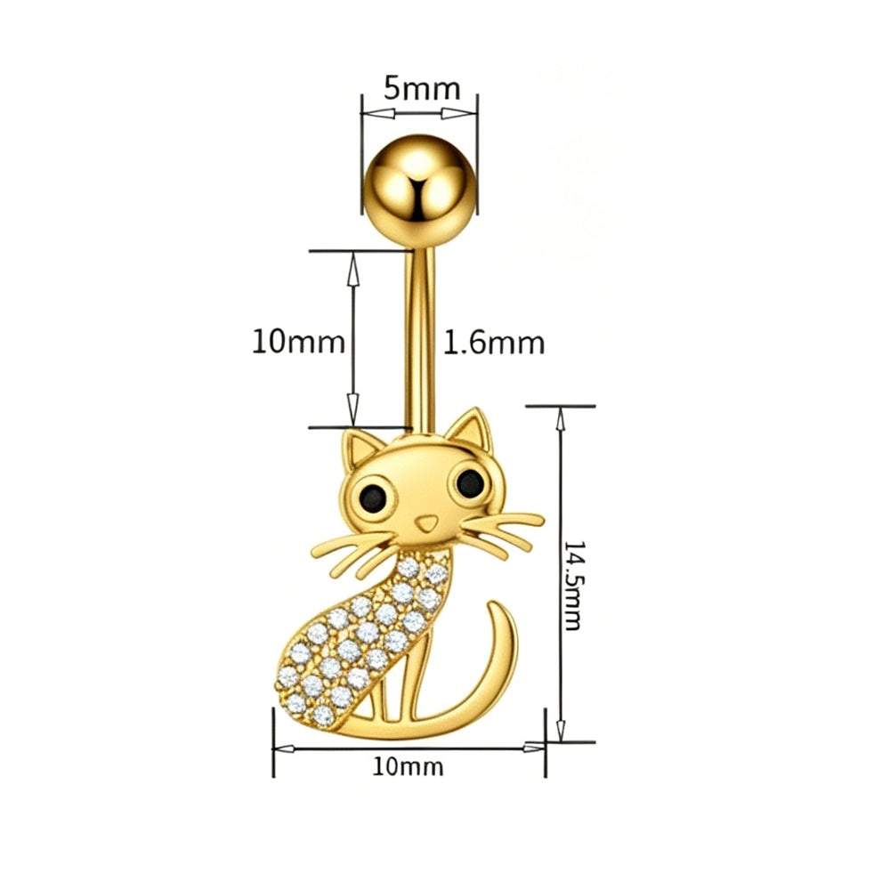 Detailed size chart for the cat belly ring showing 14G 1.6mm thickness, 10mm bar length, 5mm top ball, and 14.5mm pendant height.