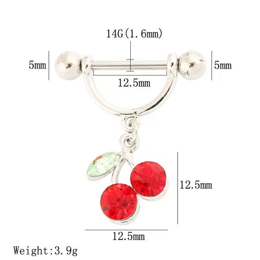 Detailed size chart of the cherry nipple piercing, showing 14G 1.6mm gauge, 12.5mm bar length, 5mm balls, and 3.9g weight.