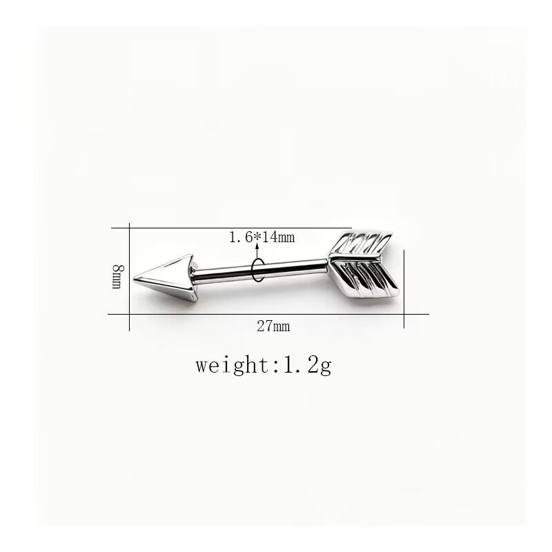 Classic arrow design 14G 1.6x14mm nipple straight barbell jewelry with size dimensions.