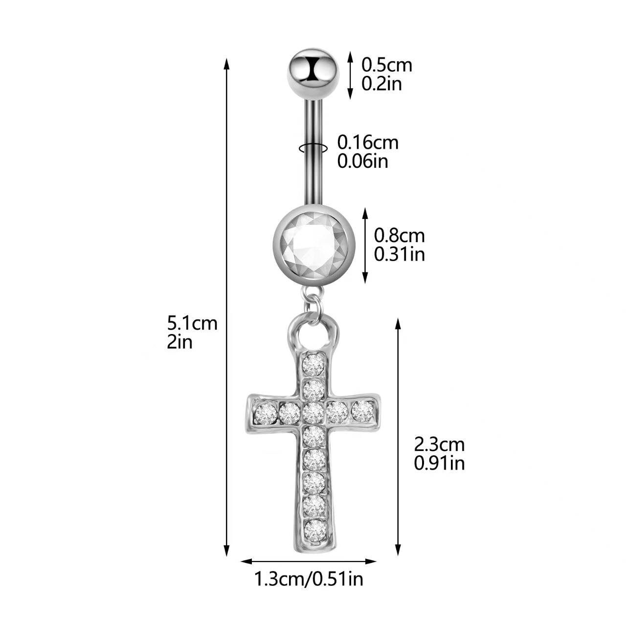 Detailed size chart and dimensions of the 14G cross dangle belly ring showing 1.6mm gauge, 5.1cm total length, and 2.3cm pendant.