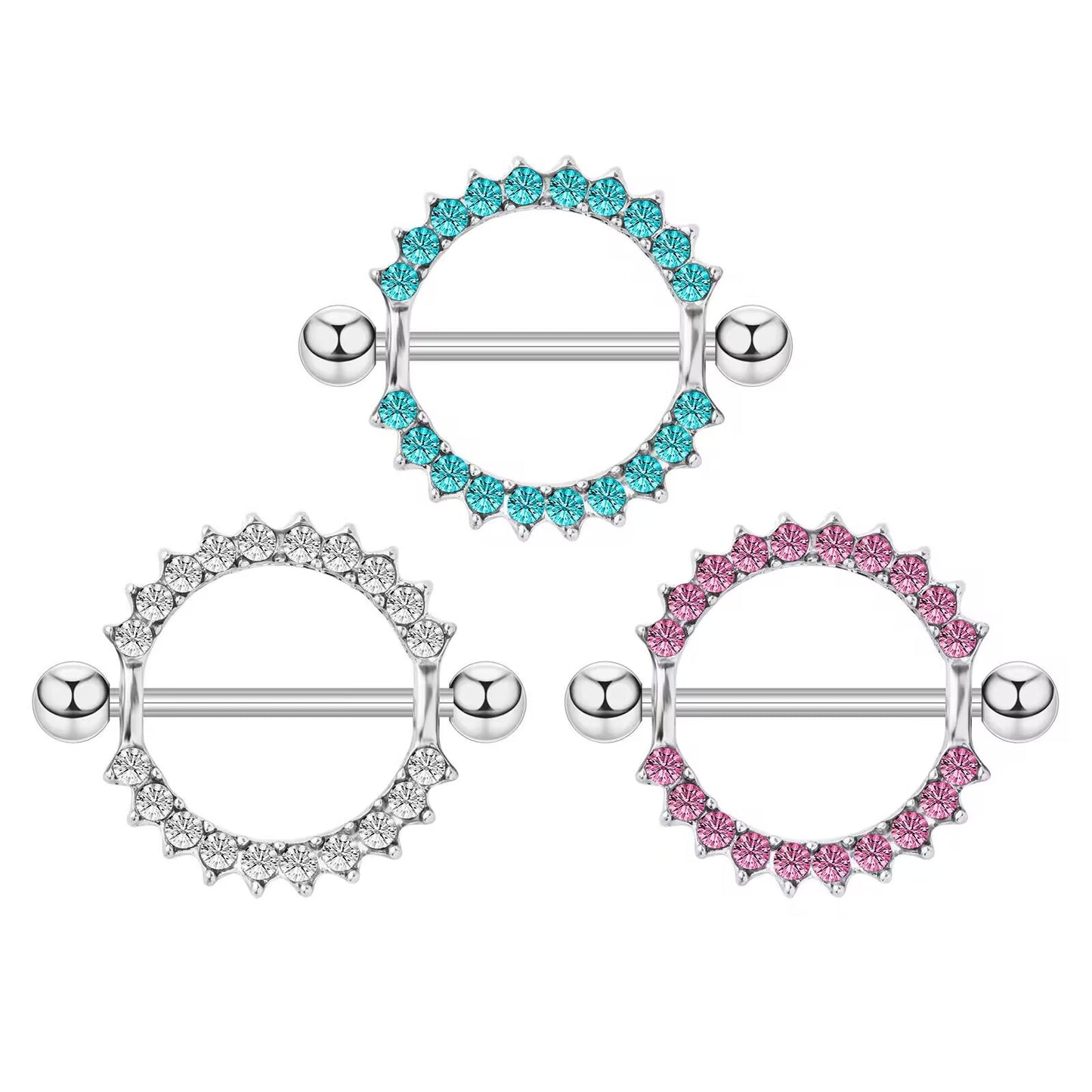 Elegant 14G nipple shield rings with clear, aqua blue, and pink crystals on a pure white background, showcasing stylish body piercing jewelry sold as pairs.