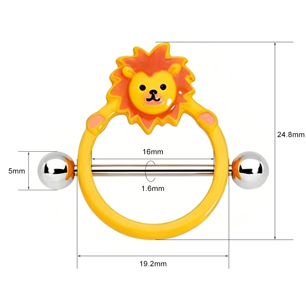 Front view of a 14G cartoon lion nipple shield ring with standard 16mm surgical steel barbell and 5mm balls, showcasing a cute yellow animal body jewelry design for alternative fashion.