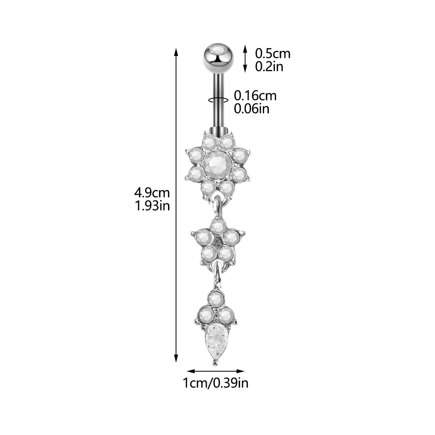 Dimension chart showing 14G thickness, 4.9cm total length, and 10mm barbell length for dangle navel piercing jewelry.