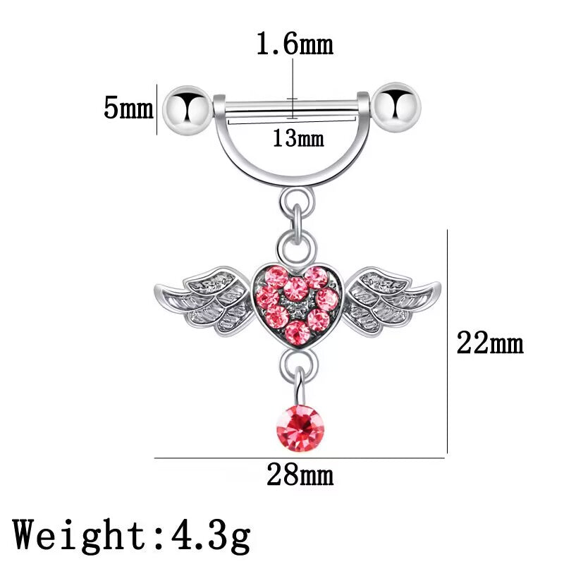 Product dimension chart for 14G dangle nipple barbell showing 1.6mm gauge, 13mm bar length, 5mm balls, and 28mm x 22mm charm size.