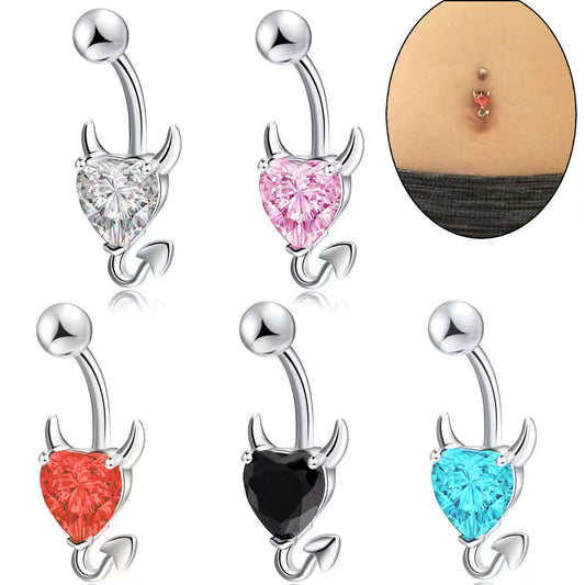 A collection of 14G devil heart belly button rings with cubic zirconia stones in clear, pink, red, black, and light blue colors on a white background.
