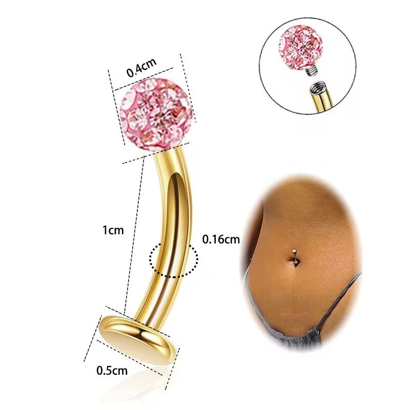 Size chart infographic of a gold reverse belly button piercing showing 1.6mm thickness, 10mm length, 4mm pink crystal ball, and 5mm flat bottom disc.
