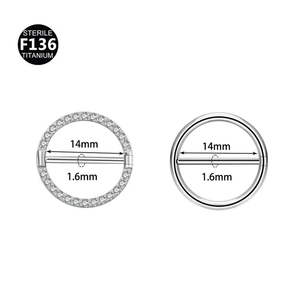 Size chart showing 14mm inner diameter and 1.6mm bar thickness for F136 titanium plain and crystal nipple shield rings.