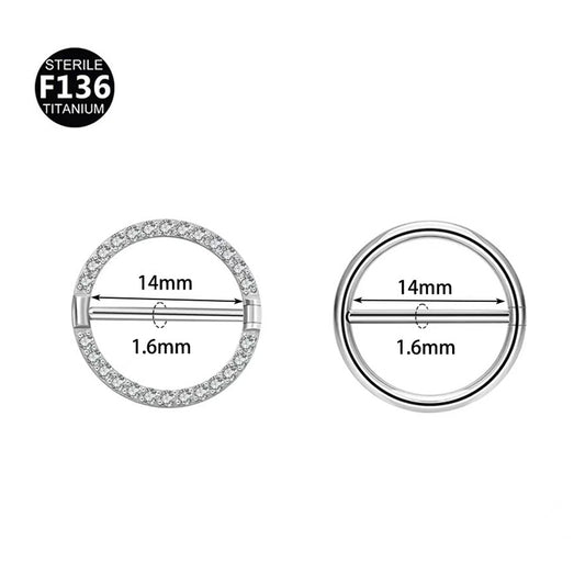 Size chart showing 14mm inner diameter and 1.6mm bar thickness for F136 titanium plain and crystal nipple shield rings.