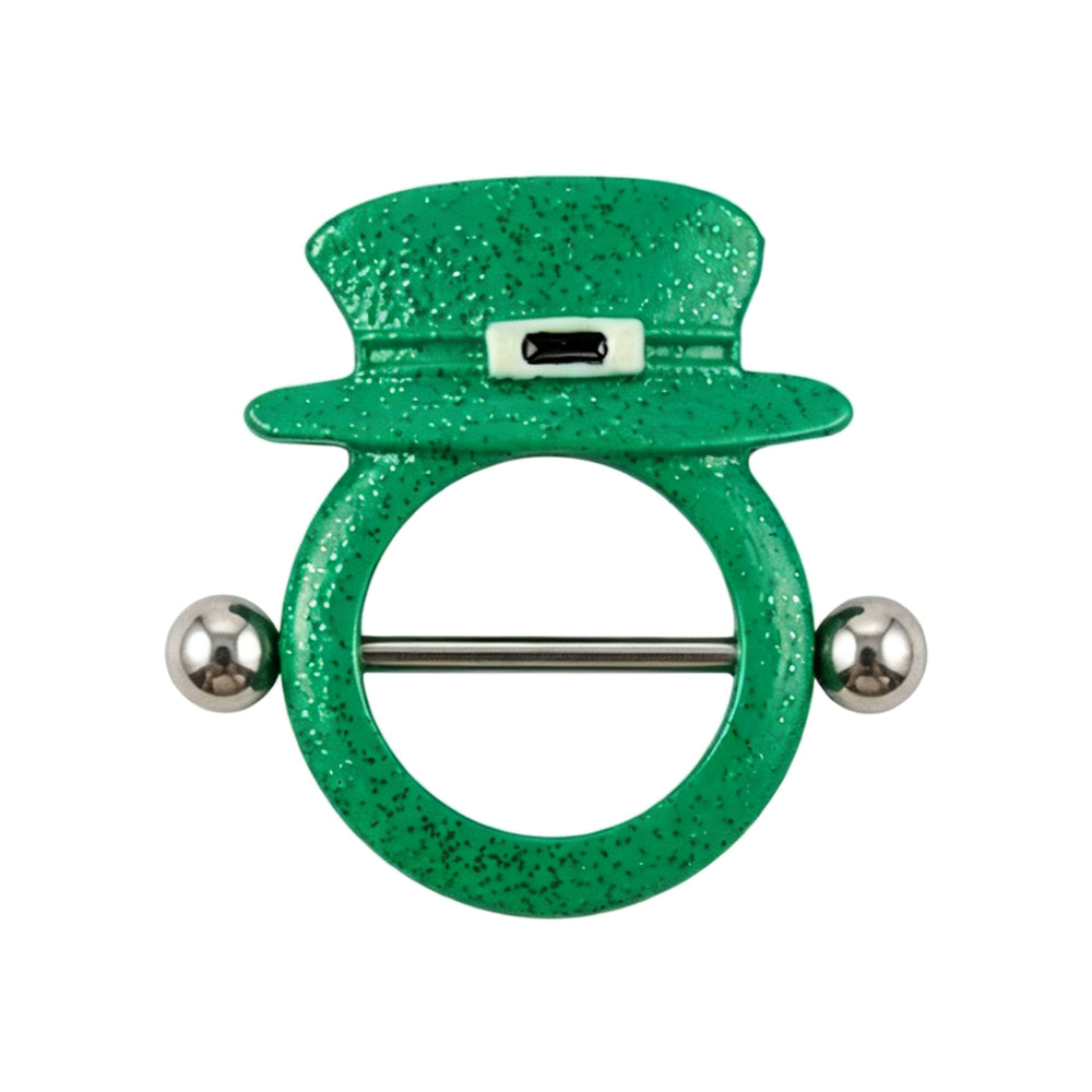 A single 14G F136 titanium nipple shield featuring a vibrant green glitter leprechaun top hat design with a black buckle accent, isolated on a pure white background.