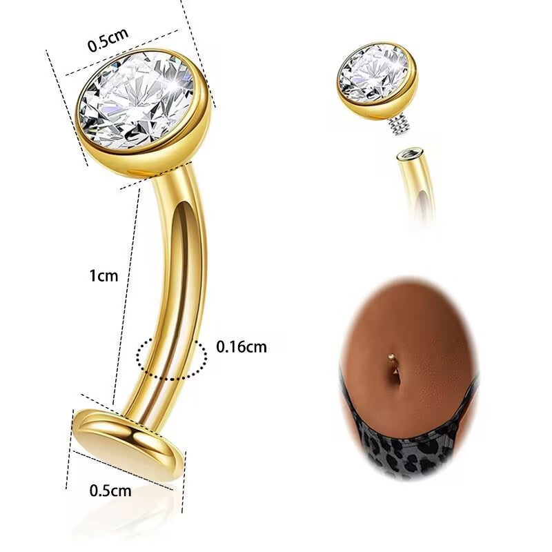 Detailed diagram of a 14G gold top-down belly button piercing jewelry with a detachable crystal top piece and flat smooth back, including an on-body styling preview.
