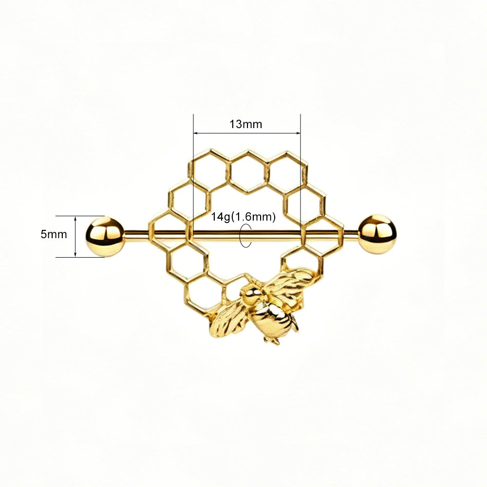Sizing chart for nipple jewelry showing 13mm bar length and 14 gauge thickness specifications.