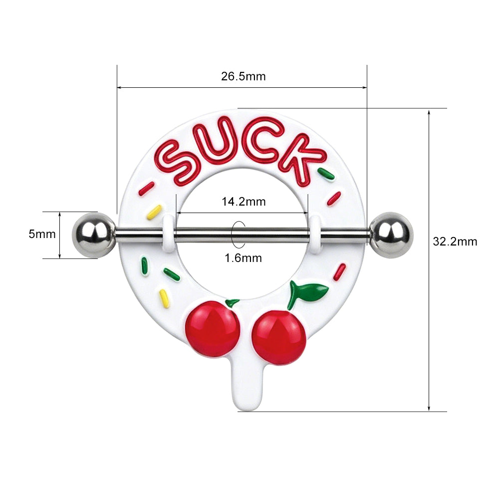 Accurate size specifications chart for the SUCK cherry nipple ring showing 1.6mm bar gauge, 14.2mm inner length, and 5mm balls.