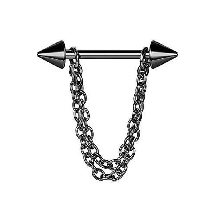 Black anodized nipple barbell jewelry showing alternative gothic punk double layer chain with cone spike ends.