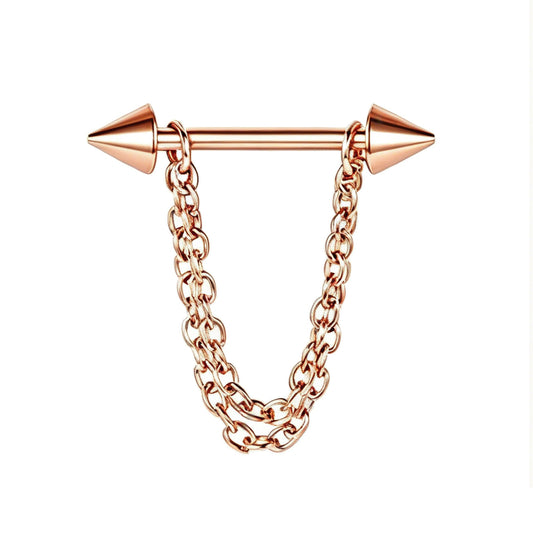 Rose gold piercing jewelry nipple barbell featuring dual layer fluid chains and sharp spike ends.