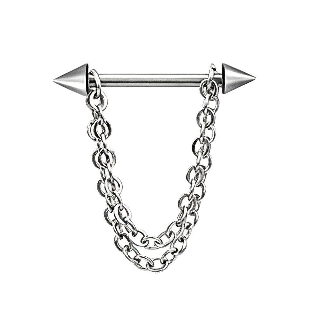 Front view of silver 14G nipple ring with double layer dangle chain and spike cone ends on a white background.