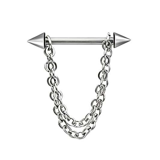 Front view of silver 14G nipple ring with double layer dangle chain and spike cone ends on a white background.