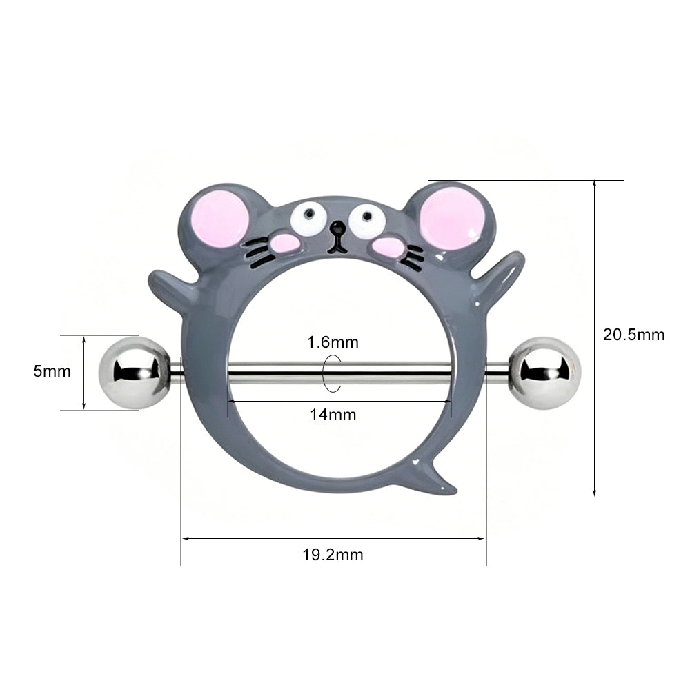 Product size specification chart for the mouse nipple shield, showing 1.6mm barbell thickness, 14mm wearable length, 5mm ball size, and 19.2mm by 20.5mm outer dimensions.