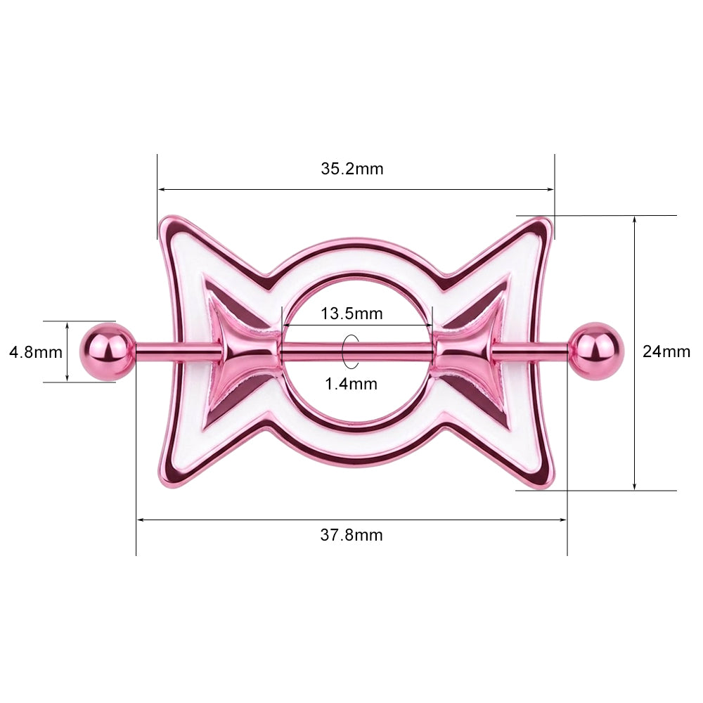 Detailed measurement blueprint for candy nipple piercing jewelry showing 13.5mm inner diameter, 1.4mm gauge, and 35.2mm barbell length.