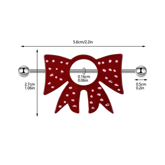 Size chart diagram of the polka dot bowknot nipple ring showing 5.6cm total length, 2.7cm height, and 14G 1.6mm gauge size.