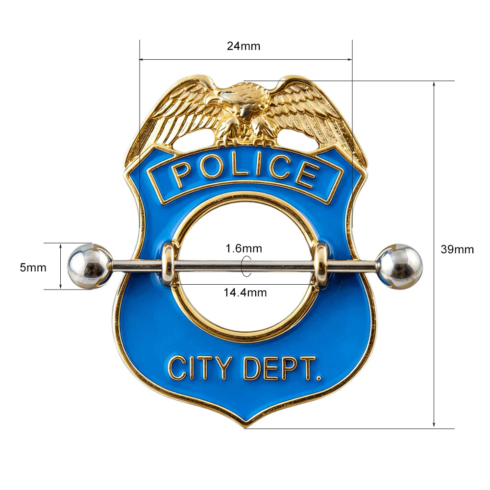 Detailed measurement chart for police badge nipple ring showing 1.6mm 14G barbell thickness, 14.4mm inner length, and 39mm by 24mm shield size.