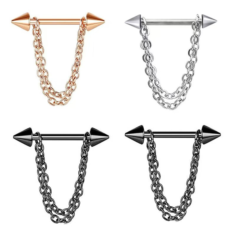Color chart collection of 14G double layer chain spike nipple rings in silver steel, rose gold, and nocturnal black colorways.