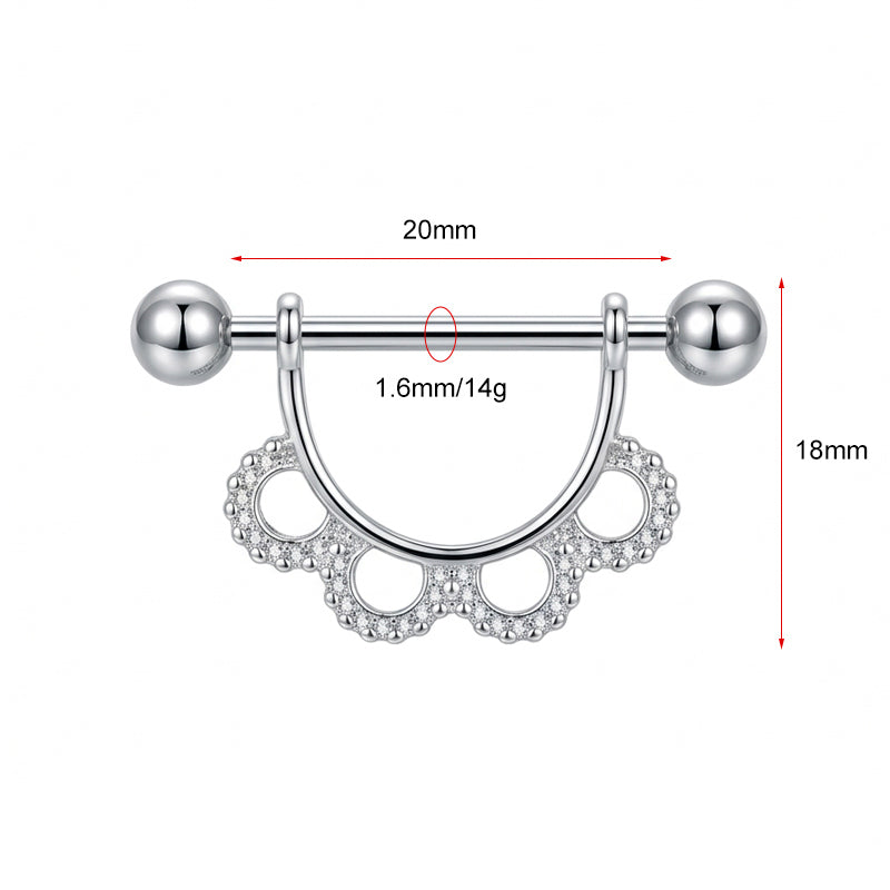 Detailed size chart for the scalloped nipple shield showing 14g (1.6mm) thickness, 20mm bar length, and 18mm total height.