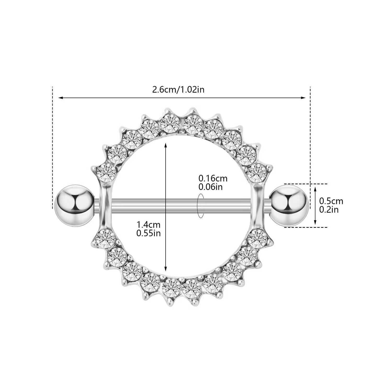 Size chart for the crystal nipple shield ring showing 14G 0.16cm thickness, 1.4cm length, 2.6cm total shield width, and 5mm ball diameter.