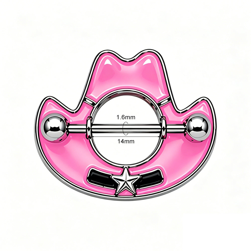 Size diagram for the pink cowboy hat nipple shield showing 1.6mm gauge and 14mm bar length.