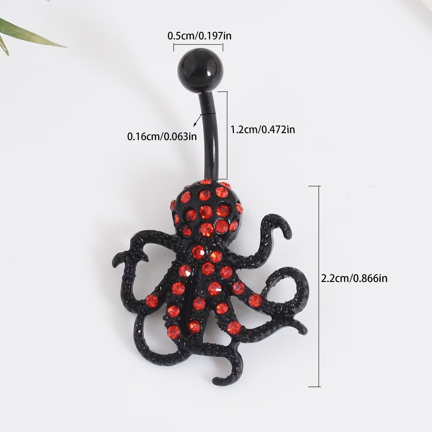 Detailed size chart for the octopus belly button ring showing 14G thickness, 1.2cm bar length, and 2.2cm pendant size.