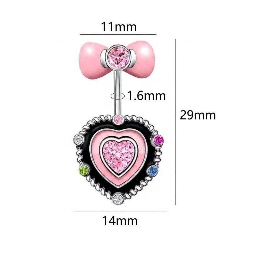 Detailed dimension chart of 14G navel piercing ring showing 1.6mm bar gauge, 11mm pink bow top, and 29mm total length.
