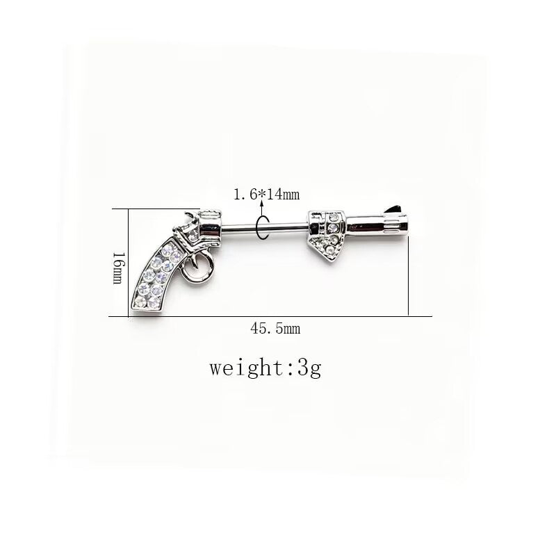 Detailed dimensions for 14G 1.6x14mm handgun shaped nipple barbell piercing jewelry.